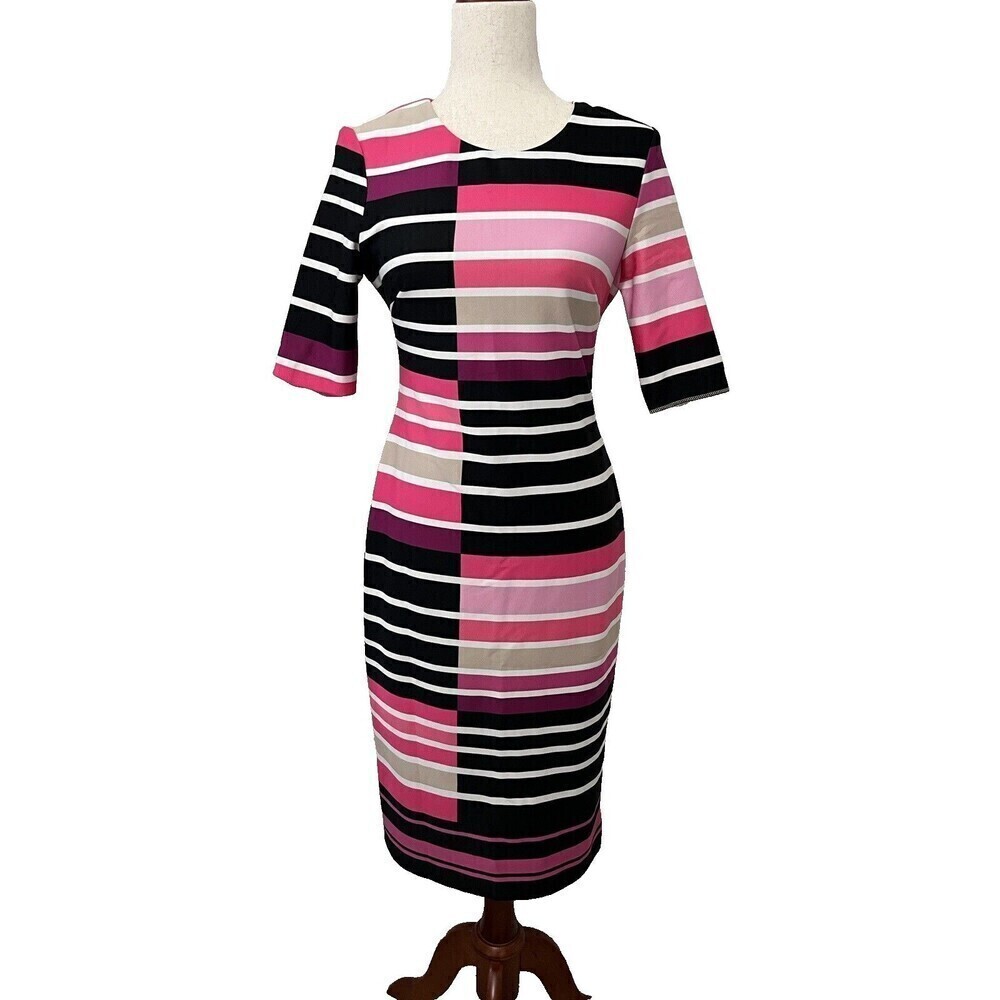 Eliza J Womens Bodycon Dress Size 6 Colorful Striped MIDI Short Sleeve Pink